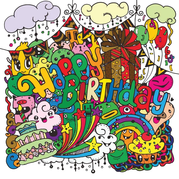 Feliz aniversário mão desenhada esboço conjunto com doodle —  Vetores de Stock