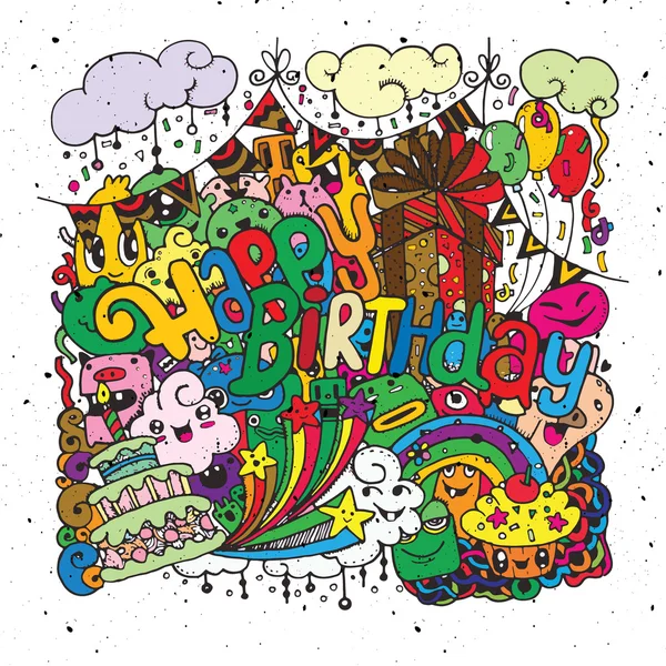 Happy Birthday handgezeichnetes Skizzenset mit Doodle — Stockvektor