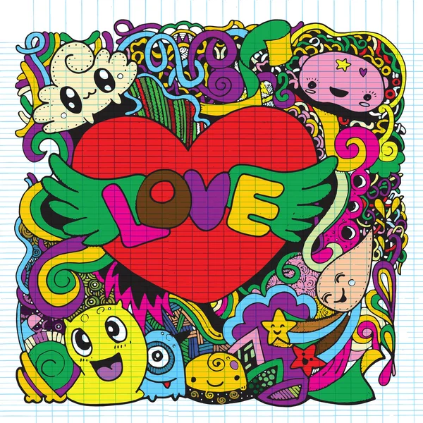 Doodle amor: coração desenhado à mão e palavras amor doodle . — Vetor de Stock