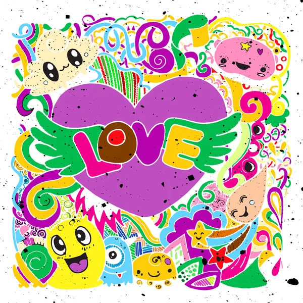 Love Doodle: Corazón dibujado a mano y palabras love doodle . — Vector de stock