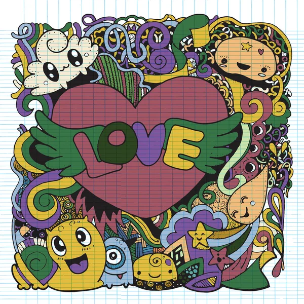 Láska Doodle: Ručně tažené srdce a slova láska doodle. — Stockový vektor