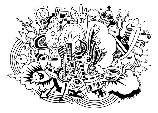 Sociale, doodle gek doodle tekening stijl — Stockvector