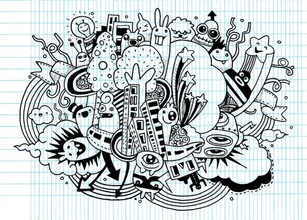 Sindssyg doodle social, doodle tegning stil – Stock-vektor