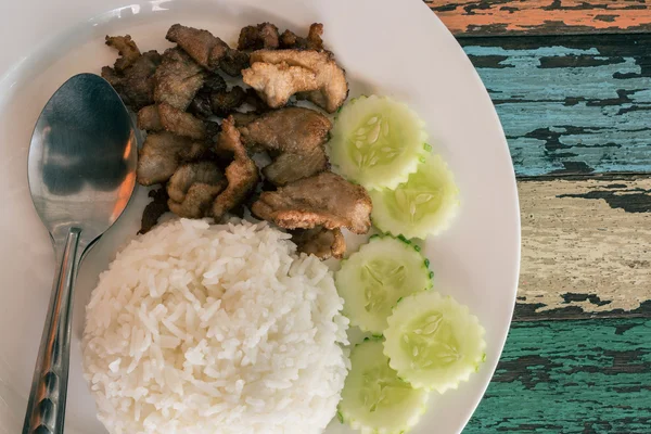 Vista superior de Arroz com carne de porco frita com alho — Fotografia de Stock