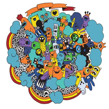 Canavarlar ve sevimli uzaylı dostu vektör çizim