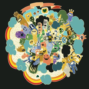 Canavarlar ve sevimli uzaylı dostu vektör çizim