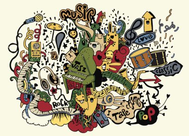 Müzik arka plan. El Doodle, vektör çizim çizimi.