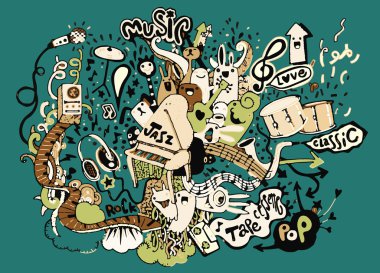 Müzik arka plan. El Doodle, vektör çizim çizimi.