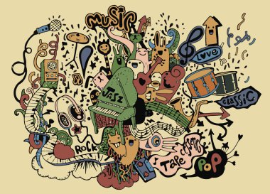 Müzik arka plan. El Doodle, vektör çizim çizimi.