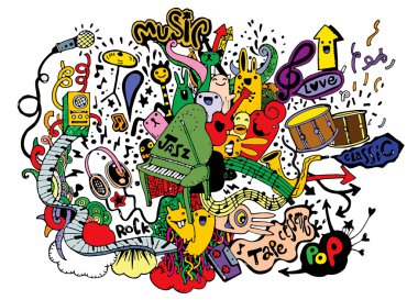 Müzik arka plan. El Doodle, vektör çizim çizimi.