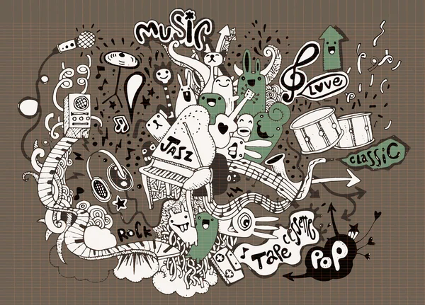 Música Fundo. Desenho à mão Doodle, ilustração vetorial . — Vetor de Stock