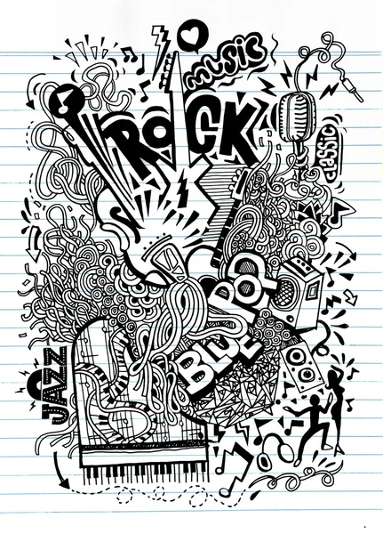 Hand tekenen van Doodle, Collage met muziekinstrumenten — Stockvector