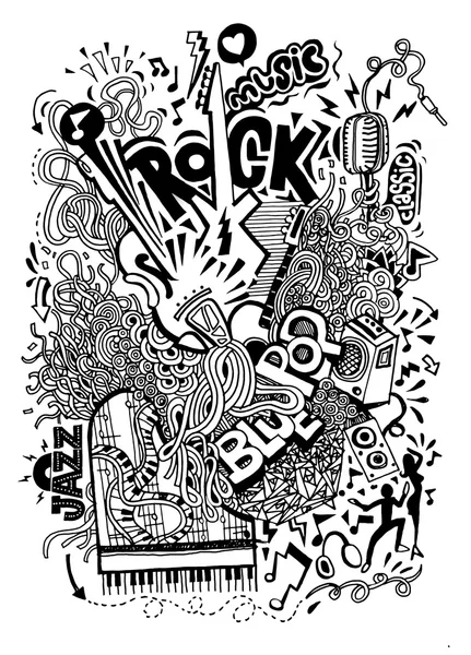 Dibujo a mano Doodle, Collage con instrumentos musicales — Vector de stock