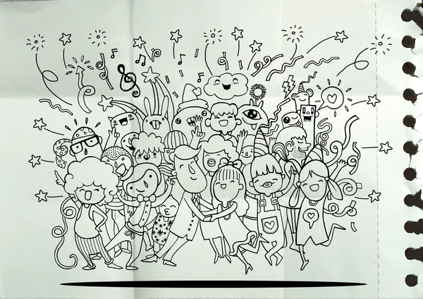 Dibujo a mano Doodle de gente divertida fiesta — Vector de stock