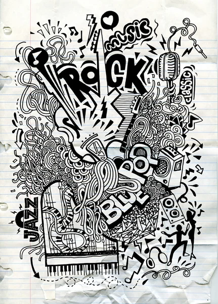 Hand tekenen van Doodle, Collage met muziekinstrumenten — Stockvector