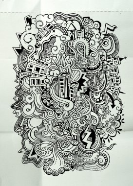 Çizgi film vektörü elle çizilmiş kasabayı karalıyor