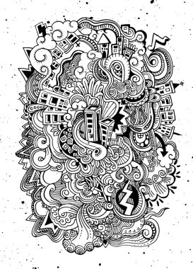 Çizgi film vektörü elle çizilmiş kasabayı karalıyor