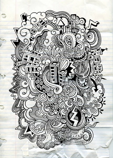 Çizgi film vektörü elle çizilmiş kasabayı karalıyor