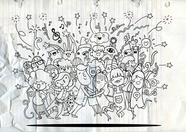 Disegno a mano Doodle di gente divertente festa — Vettoriale Stock