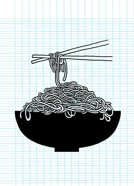 Garabato fideos en tazón y palillo — Vector de stock