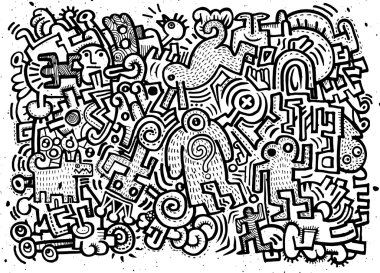 Hipster elle çizilmiş deli doodle canavar şehir, çizim stili