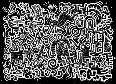 Hipster elle çizilmiş deli doodle canavar şehir, çizim stili