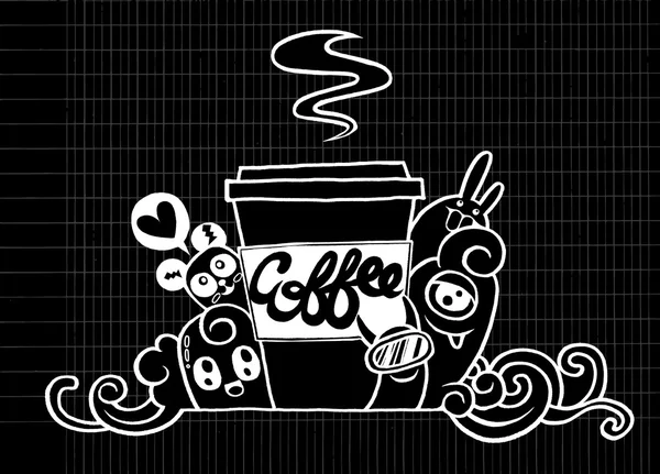 Café dessiné à la main, monstre de dessin animé et tasse de café — Image vectorielle