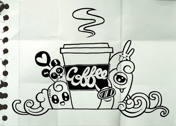 Χέρι συντάσσονται, γελοιογραφία τέρας και καφέ φλιτζάνι καφέ — Διανυσματικό Αρχείο