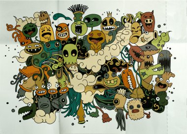 Hipster elle çizilmiş deli doodle canavar şehir, çizim stili