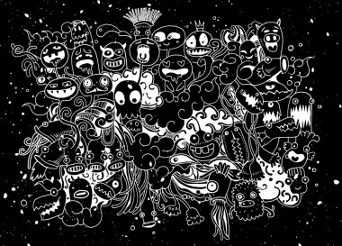 Hipster elle çizilmiş deli doodle canavar şehir, çizim stili