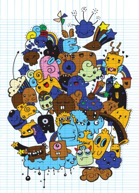 Hipster elle çizilmiş deli doodle canavar şehir, çizim stili