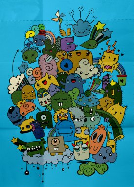 Hipster elle çizilmiş deli doodle canavar şehir, çizim stili