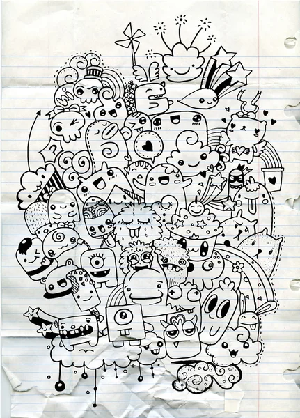 Hipster Hand dras Crazy doodle Monster City, ritning stil — Stock vektor