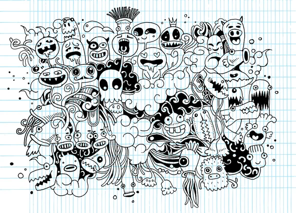 Hipster dibujado a mano loco doodle Monster City, estilo de dibujo — Vector de stock