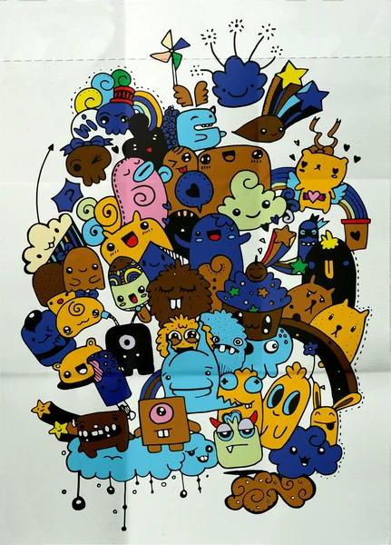 Hipster elle çizilmiş deli doodle canavar şehir, çizim stili