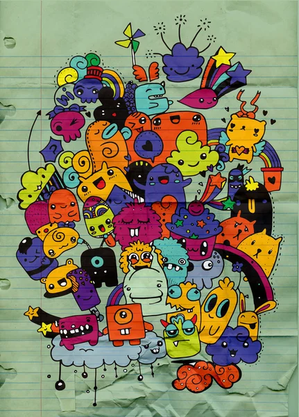 Hipster dibujado a mano loco doodle Monster City, estilo de dibujo — Vector de stock