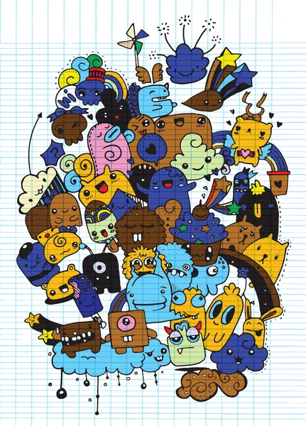 Hipster elle çizilmiş deli doodle canavar şehir, çizim stili