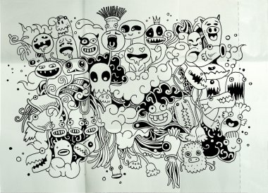 Hipster elle çizilmiş deli doodle canavar şehir, çizim stili