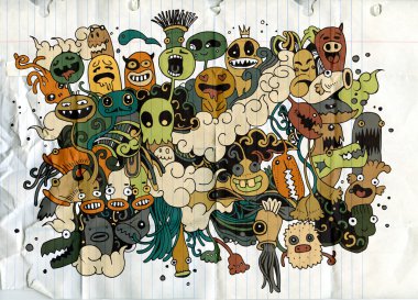 Hipster elle çizilmiş deli doodle canavar şehir, çizim stili