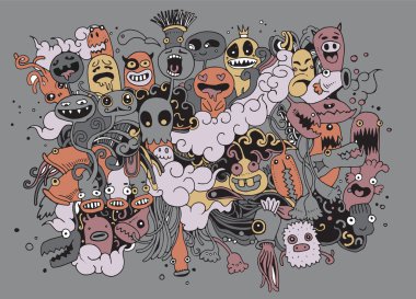 Hipster elle çizilmiş deli doodle canavar şehir, çizim stili