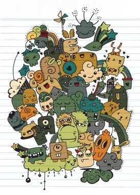 Hipster elle çizilmiş deli doodle canavar şehir, çizim stili