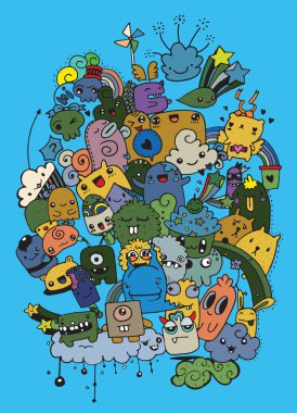 Hipster elle çizilmiş deli doodle canavar şehir, çizim stili