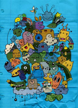 Hipster elle çizilmiş deli doodle canavar şehir, çizim stili