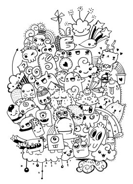 Hipster elle çizilmiş deli doodle canavar şehir, çizim stili