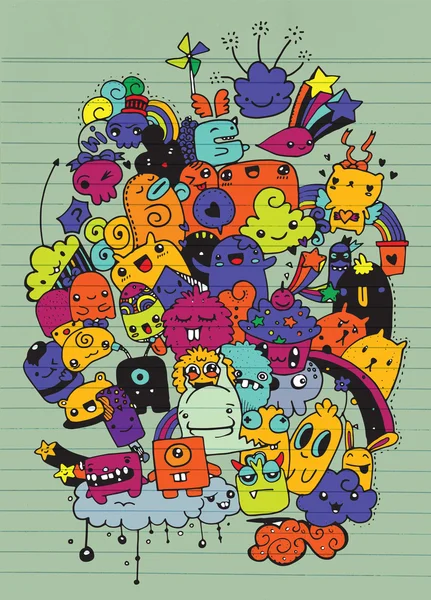 时髦手绘疯狂涂鸦怪物市绘画风格 — 图库矢量图片