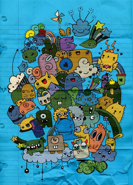 Hipster elle çizilmiş deli doodle canavar şehir, çizim stili