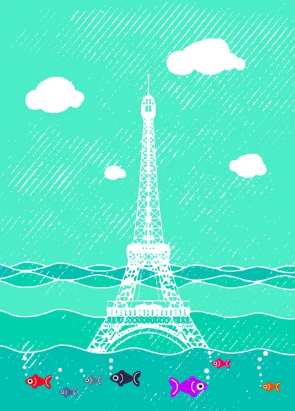 Inundación Torre Eiffel. Atracción de Francia bajo el agua.Desastre en Par — Archivo Imágenes Vectoriales