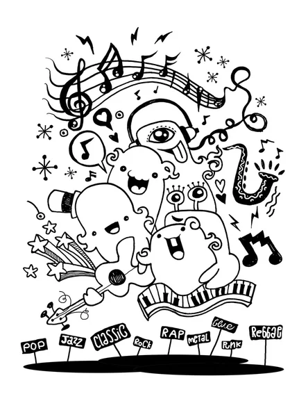 Monster music band jouant de la musique. style dessiné à la main — Image vectorielle