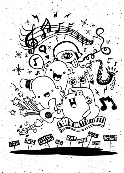 Banda de música monstro tocando música. estilo desenhado à mão — Vetor de Stock