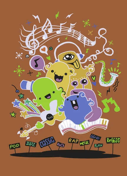 Monster music band playing music. hand drawn style — Stock Vector